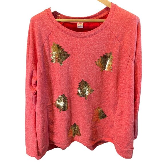 Holiday Time Red Crew Neck Long Sleeve Gold Sequin Trees Pullover Shirt Sz 20W - Picture 1 of 10